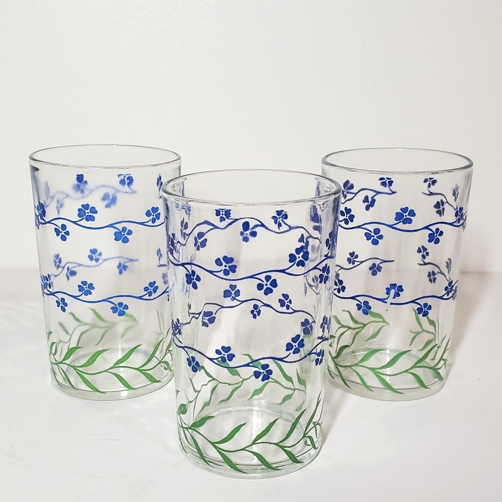 3 Vintage KRAFT Swanky Swigs‎ Juice Glasses, Forget Me Not Floral Pattern